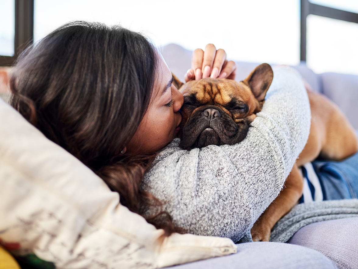A woman holding a French Bulldog