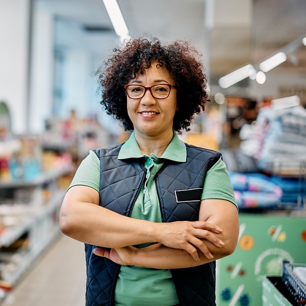 grocery store manager smiling at work